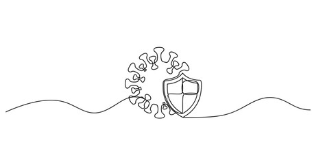 Obraz premium Continuous line drawing of virus and shield symbolizing protection and immunity. No editable stroke