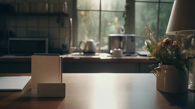 Blank objects on a wooden kitchen counter catching warm natural light from a window, creating a serene and inviting atmosphere in a contemporary home setting