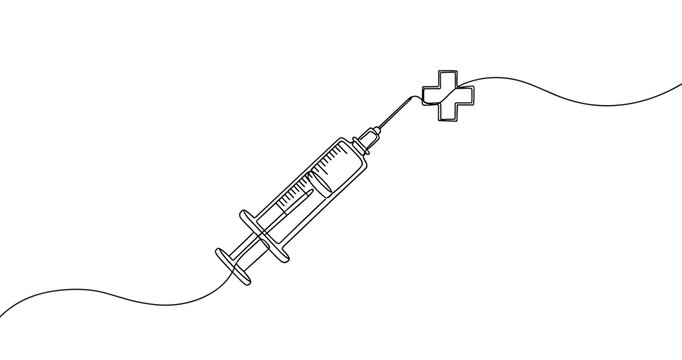 Minimalist syringe and medical cross line art on white background. No editable stroke
