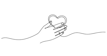 Obraz premium Minimalist continuous line drawing of hand holding heart symbol. No editable stroke