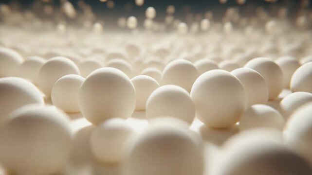 Many white spheres or beads covering an expansive surface, creating a delicate, shallow depth of field abstract texture with soft, uniform lighting across the endless arrangement