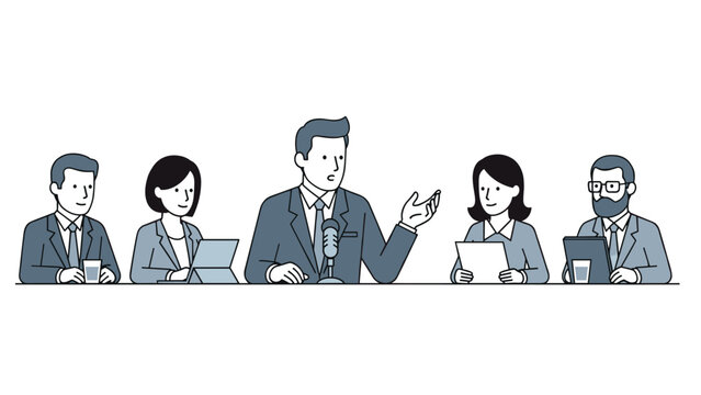 Diverse group of five professionals, including a speaker at a microphone and four seated individuals with laptops and papers, participating in a panel discussion or bu...