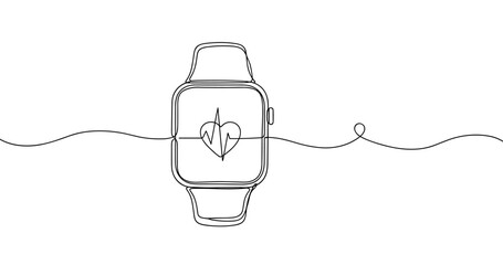 Obraz premium Smartwatch with heartbeat display in continuous line art on white background. No editable stroke