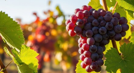 Fototapeta premium Ripe Red Grapes Hanging on a Vine in a Sunny Vineyard Ready for Harvest