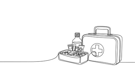 Minimalist line drawing of first aid kit with medical supplies. No editable stroke