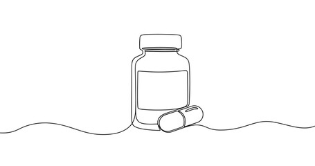 Obraz premium Minimalist line drawing of pill bottle and capsule on white background. No editable stroke