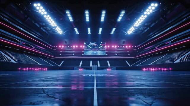 Neon empty indoor sports arena with bright lights and modern architecture, professional stadium interior ready for competition, training or entertainment events