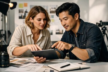 Obraz premium Creative professionals reviewing work on a tablet together in a modern studio environment.