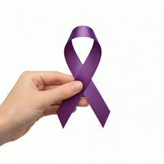 Image of a purple warning ribbon with a hand holding it to the side.