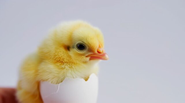 A fluffy, yellow chick emerges from a cracked eggshell on a white background