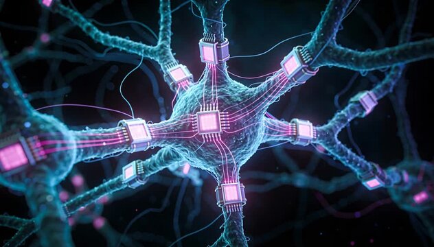 Close-up view of artificial neural network synapse connections with glowing circuits and data flow.