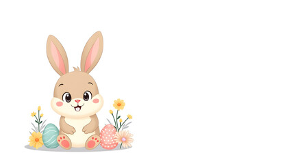 Fototapeta premium Adorable Cartoon Easter Bunny with Eggs and Spring Flowers. ideal for greeting cards, kids’ content, and festive illustrations.