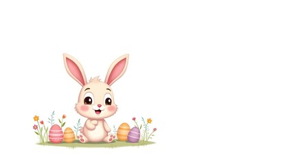 Obraz premium Adorable Cartoon Easter Bunny with Eggs and Spring Flowers. ideal for greeting cards, kids’ content, and festive illustrations.