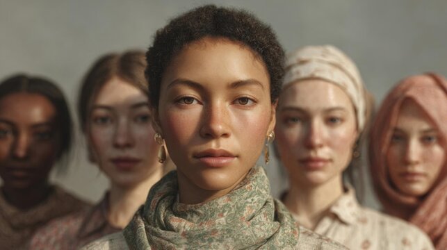 Portrait of a young woman with short curly hair. she is wearing a green scarf with a floral pattern and gold earrings. she has a serious expression on her face and is looking directly at the camera.