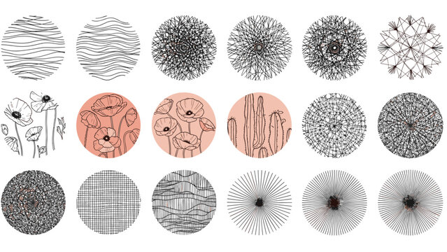 Collection of eighteen different circular patterns and botanical textures featuring poppies cacti and abstract lines on white.