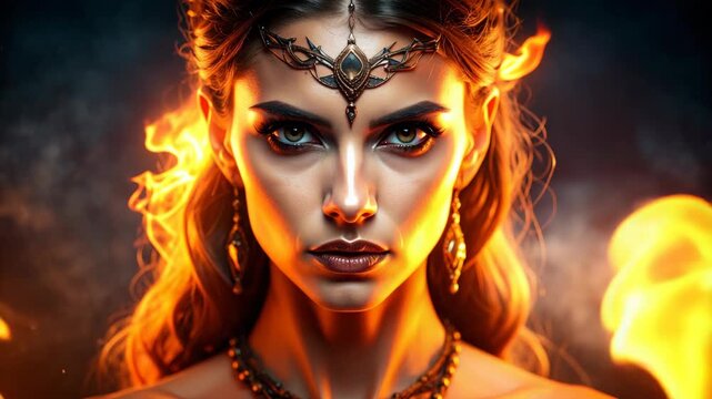 Mysterious woman with fiery aura and ornate headdress