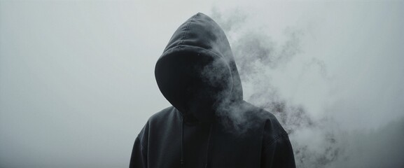 Faceless person in dark hoodie dissolving into smoke in foggy surreal scene