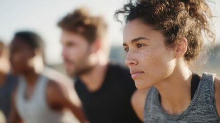 Obraz premium Young woman with curly hair, wearing a gray tank top, looking off into the distance with a serious expression on her face.