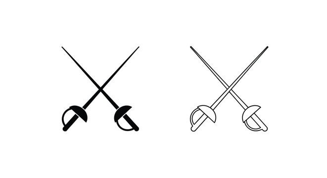 Two crossed fencing swords depicted in a stark black silhouette