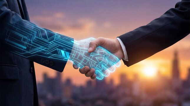 Businessman and businesswoman shaking hands with futuristic digital handshake