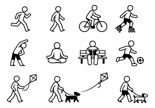 Simple line art human activity icons set featuring individuals engaged in various outdoor sports, leisure, and wellness activities for modern lifestyle and healthy recreation