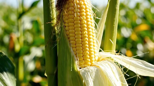A ripe golden corn cob with peeled back husks in a sunlit field, showcasing its fresh kernels