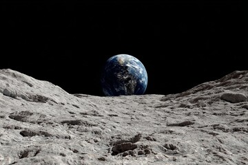 A stunning view of earth from the moon s rugged terrain  an awe inspiring 3d perspective
