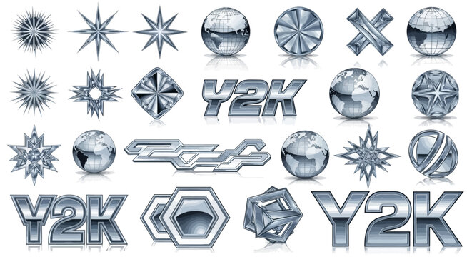 Collection of futuristic chrome 3D icons and symbols, Y2K aesthetic and globes