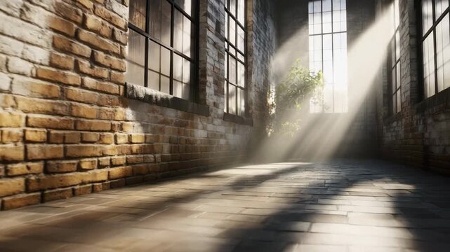 Slow push in along empty brick corridor with sunbeams through factory windows and dusty haze