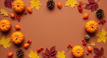Vibrant Autumn Harvest Frame with Mini Pumpkins, Colorful Leaves, and Berries on Warm Brown Background.