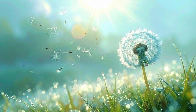 A delicate dandelion seed head disperses its fluffy seeds on a misty, sun-drenched morning in a dew-kissed meadow.