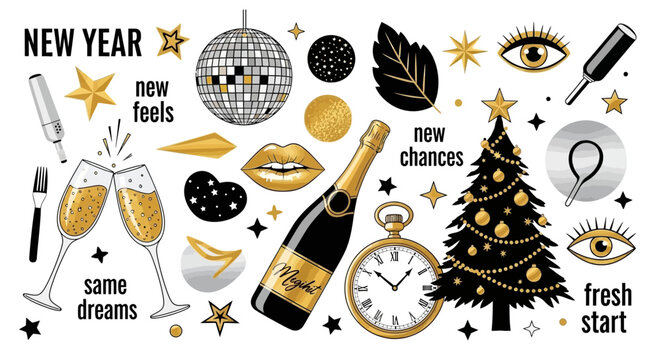 New Year's Eve Celebration Elements: Disco Ball, Champagne, Christmas Tree, and Festive Icons