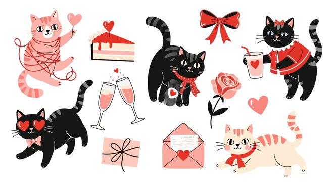 Whimsical Cat Valentine Celebration Vector Illustration Set with Romantic Elements