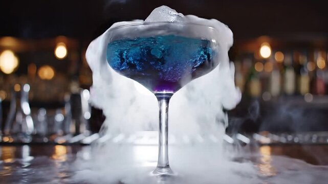 A close up shot displays a stemmed glass filled with a swirling smoky vapor likely from a molecular mixology cocktail presentation at a bar high quality professional