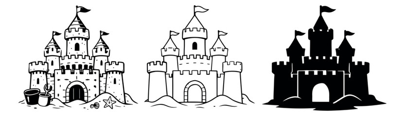 Obraz premium Hand drawn sandcastle illustration set featuring outline and silhouette styles for summer beach designs