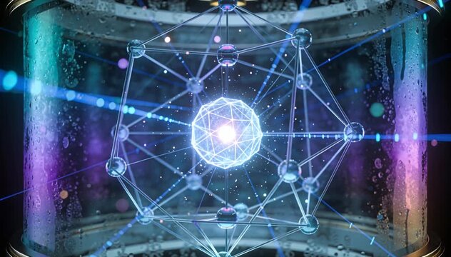 Luminous geometric atom model science background with glowing particles and light beams. atom, particle, beam.