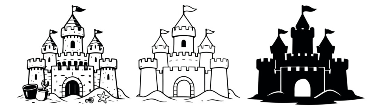 Hand drawn sandcastle illustration set featuring outline and silhouette styles for summer beach designs
