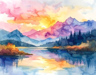 Watercolor Landscape Painting with Mountains, Lake, and Colorful Sky.