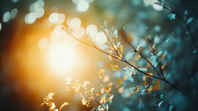 Golden sun rays filter through lush green foliage, warm luminous beams creating vibrant bokeh and glowing leaves, evoking tranquil spring or summer forest light