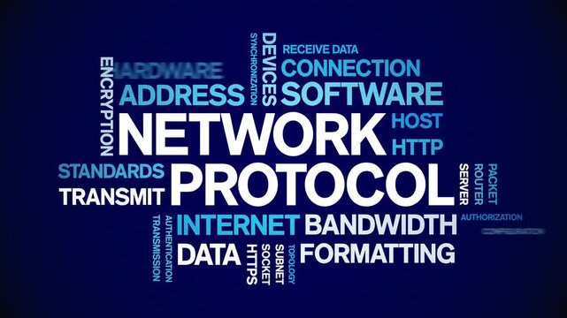 Network Protocol animated word cloud-text design animation tag kinetic typography seamless loop.