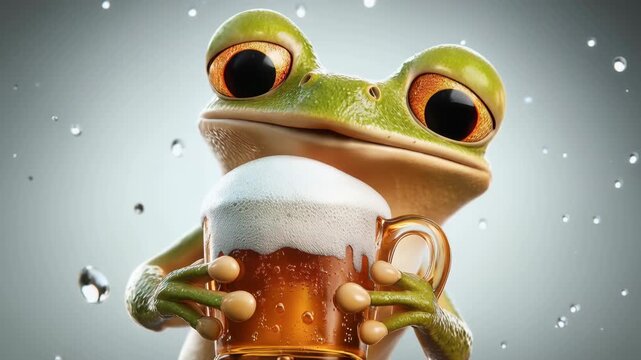 Cute green tree frog holding frothy beer mug as water droplets float in slow motion studio shot