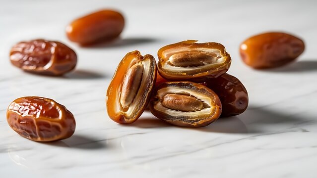 Sweet, ripe dates scattered on a marbled surface, one cut open revealing its seed.
