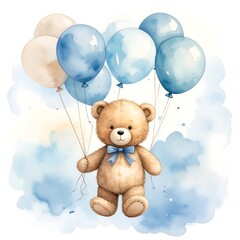 Watercolor Teddy Bear with Balloons - A Gentle Celebration.