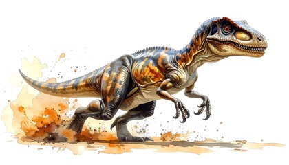 Watercolor Velociraptor on the Hunt - Dynamic Dinosaur Illustration.