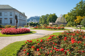 pictorial spa garden Salzburg, with view to Fortress, Mirabell castle and Museum.