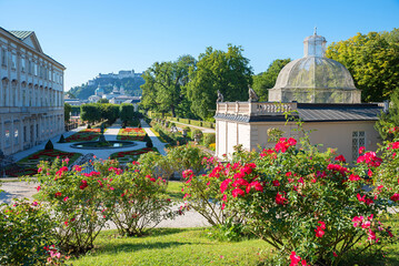 view from spa garden Salzburg to the fortress and beautiful Mirabellgarten