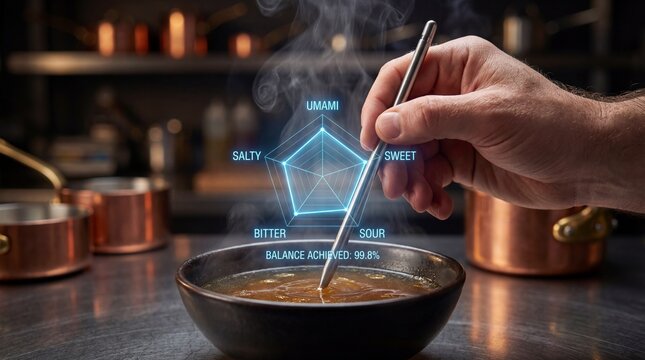 A chef's hand stirs a bowl of soup with a spoon, displaying a holographic taste profile radar chart with labels for umami, sweet, sour, bitter, and salty