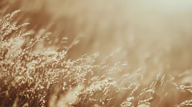 Golden wheat spikes swaying gently in a sunlit field, creating a soft, ethereal background texture with warm, natural light and a peaceful, tranquil atmosphere
