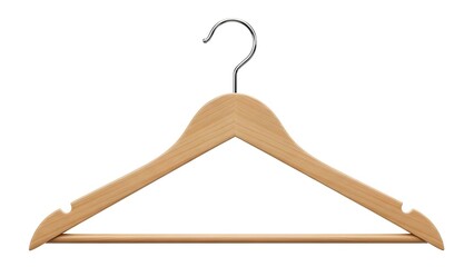 A classic wooden clothes hanger with a polished chrome swivel hook, isolated on a white background. Features a smooth natural grain finish and integrated shoulder notches.