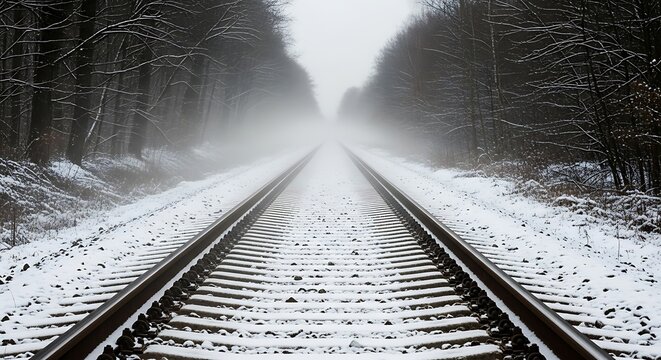 Long snowy railway tracks through a misty winter forest landscape on a cold, foggy day